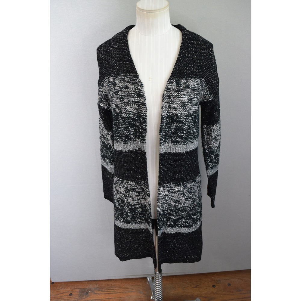Chico's Starry Night Sweatercoat 0 Black Silver Stripe Cardigan Long Line Small